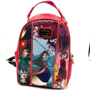 Disney Loungefly Mulan Mushu Cri-Kee Mini Backpack Red Multi Floral Bag